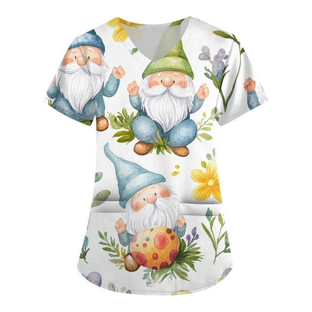 LISTHA Easter Scrubs Women V Neck Easter Eggs Print Short Sleeve Workwear Easter Gnomes Casual Nurse Uniforms with Pockets Multicolor S