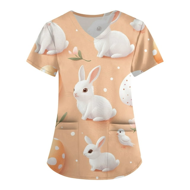 LISTHA Easter Scrubs for Women Bunny Easter Eggs Print Working Uniform V Neck Short Sleeve Cute Scrub Tops with Pockets Orange 5XL
