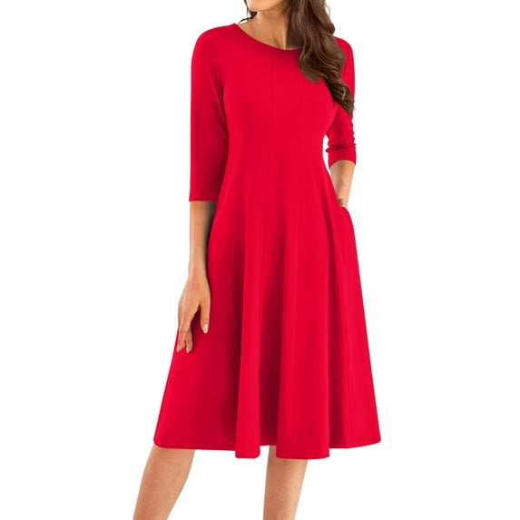 LISTHA Fall Midi Dresses for Women 2024 Casual 3/4 Sleeve Pleated a Line Dresses 2024 Crew Neck Midi Dress Vermilion 3XL