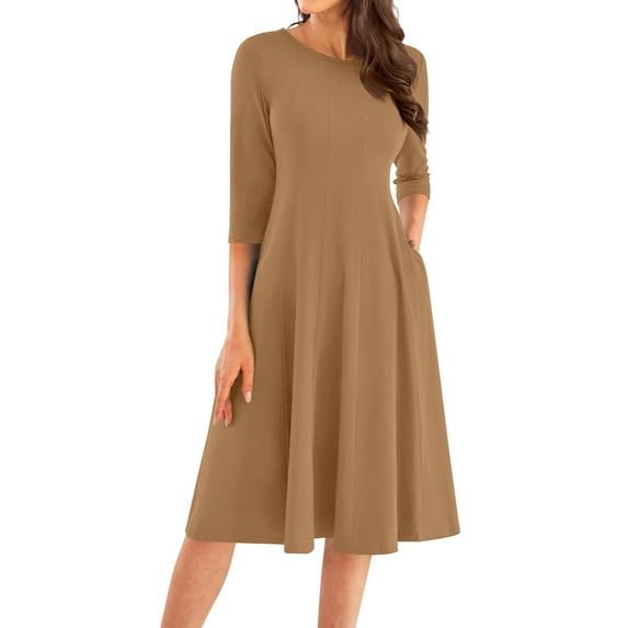 LISTHA Fall Midi Dresses for Women 2024 Casual Midi Crew Neck 3/4 Sleeve Dress 2024 Solid a Line Pleated Dresses Earthy Yellow L