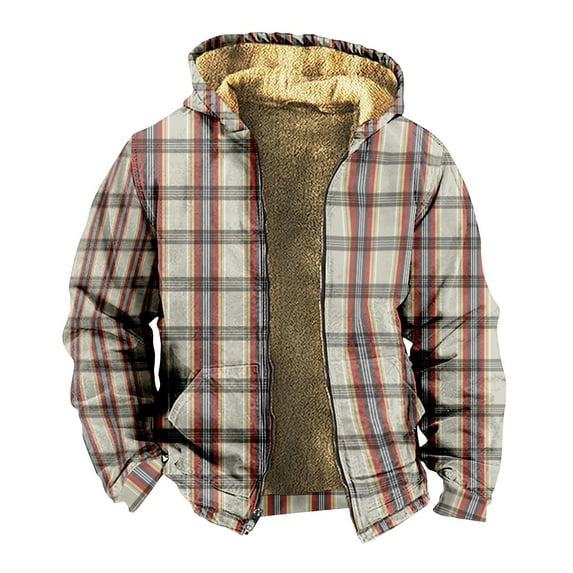 LISTHA Fleece Hoodies For Men Plaid Fashion Coat Zip Up Casual Jacket Long Sleeve Comfort Outwear Hooded Sweatshirts With Pocket Khaki 6XL
