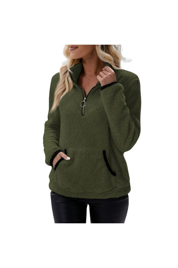 Fleece Quarter Zip Pullover Women Baggy Sherpa Half Zipped Sweatshirts Fluffy Soft Sweaters Jacket Coats with Pockets Army Green XL