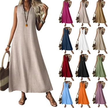 LISTHA Linen Dresses for Women V Neck Sleeveless Casual 2025 Maxi Dress Beach Summer Vacation Flowy Sundresses Beige 2XL