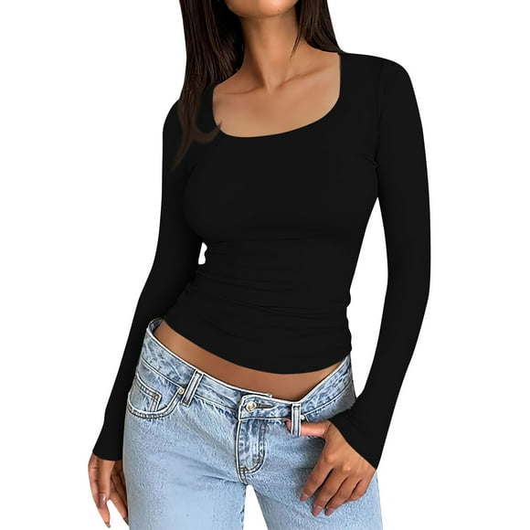 LISTHA Long Sleeve Crop Tops for Women Trendy Y2k T Shirts Basic Square Neck Slim Fit Fashion Shirts Black M