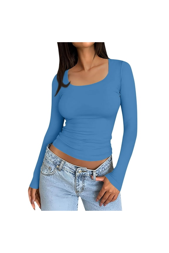 Long Sleeve Shirts Women Fashion Crop Tops Square Neck Basic 2025 Clothes Slim Fit T Shirts #1Blue S