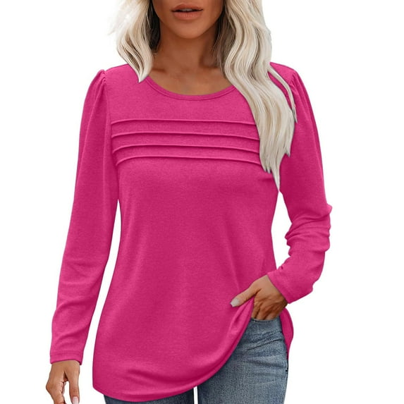 LISTHA Long Sleeve T Shirt Women Trendy Pleated Tops Crew Neck Casual Blouses Dressy Fashion Tunic Tops Hot Pink L