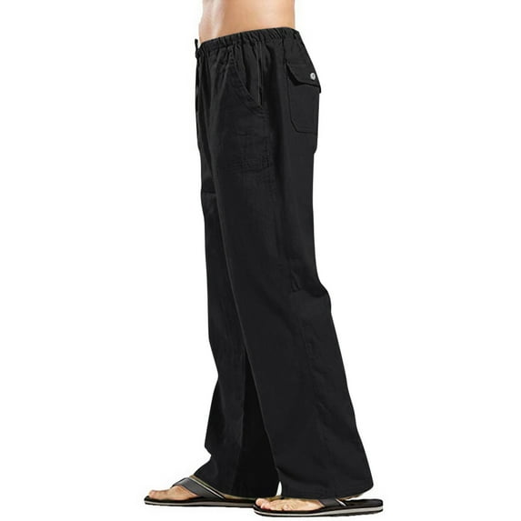 LISTHA Men'S Linen Pants Casual Loose Fit Trousers 2024 Oversized Beach Summer Pants Funny Multi Pocket Plain Baggy Pants Black M