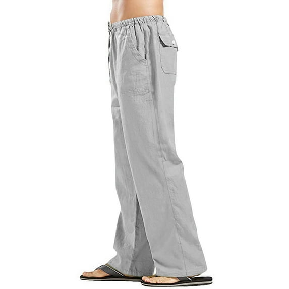 LISTHA Men'S Linen Pants Casual Loose Fit Trousers 2024 Oversized Beach Summer Pants Funny Multi Pocket Plain Baggy Pants Light Gray L