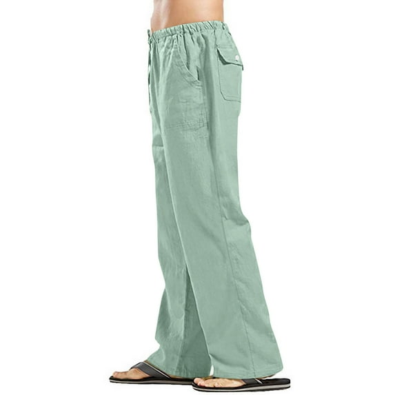 LISTHA Men'S Linen Pants Casual Loose Fit Trousers 2024 Oversized Beach Summer Pants Funny Multi Pocket Plain Baggy Pants Light Green 5XL