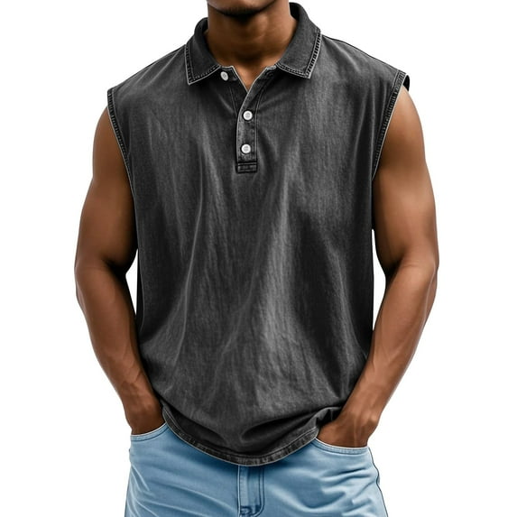 LISTHA Men Tank Tops V Neck 2025 Sleeveless Workout Tee Vintage Casual Distressed Washed Gym Polo Shirt Black XL