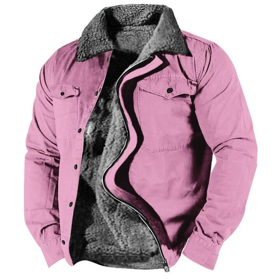 LISTHA Mens Fuzzy Sherpa Jacket Long Sleeve Fleece Zip Up Coat Winter Warm Puffer Jacket Windbreaker Varsity Coat Hooded Pink M