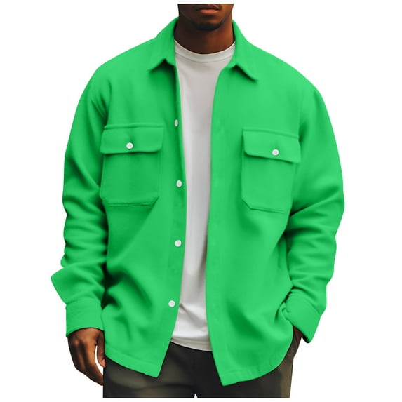 LISTHA Men's Casual Flap Pocket Button Front Long Sleeve Jackets Green 4XL