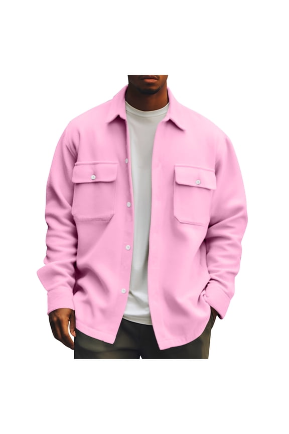 Men's Casual Flap Pocket Button Front Long Sleeve Jackets Pink 2XL