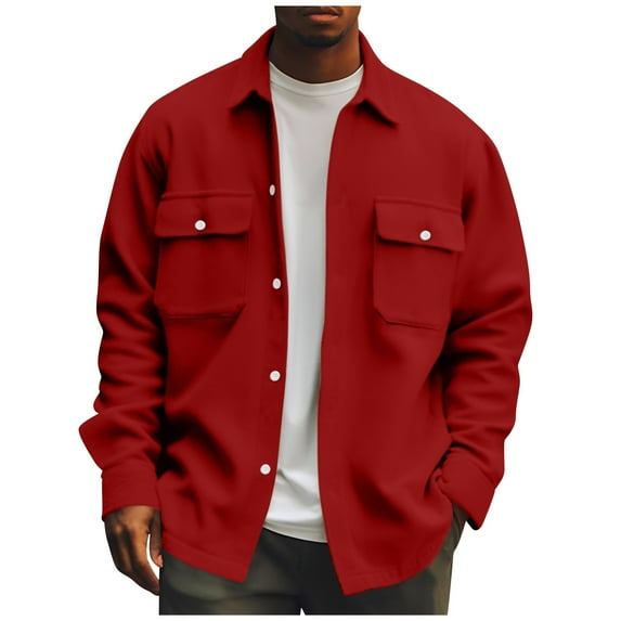 LISTHA Men's Casual Flap Pocket Button Front Long Sleeve Jackets Wine 2XL
