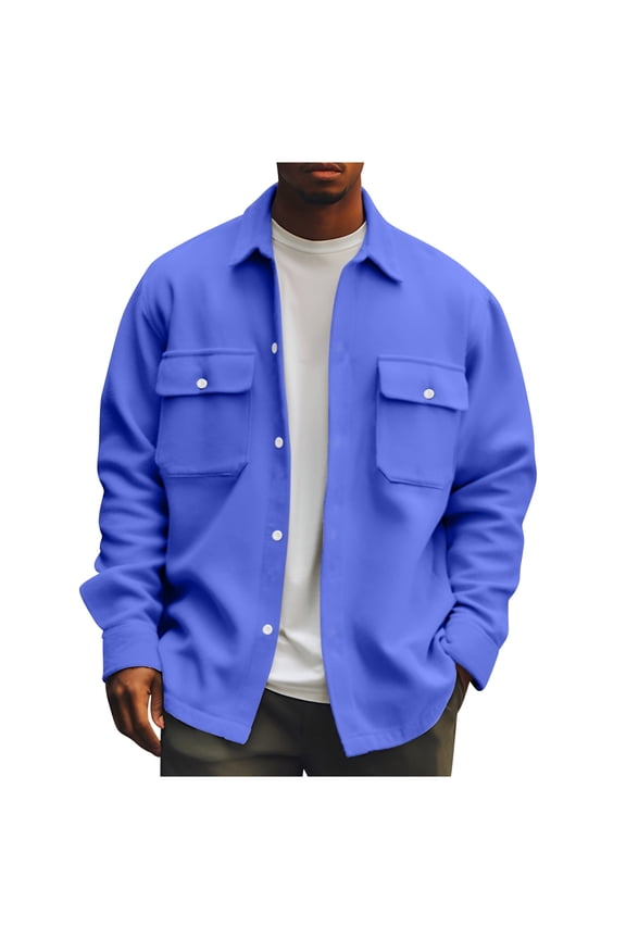 Men's Regular Solid Color Corduroy Shirt Jackets For Men Button Coat Autumn Winter Stylish Casual Top Blue 5XL