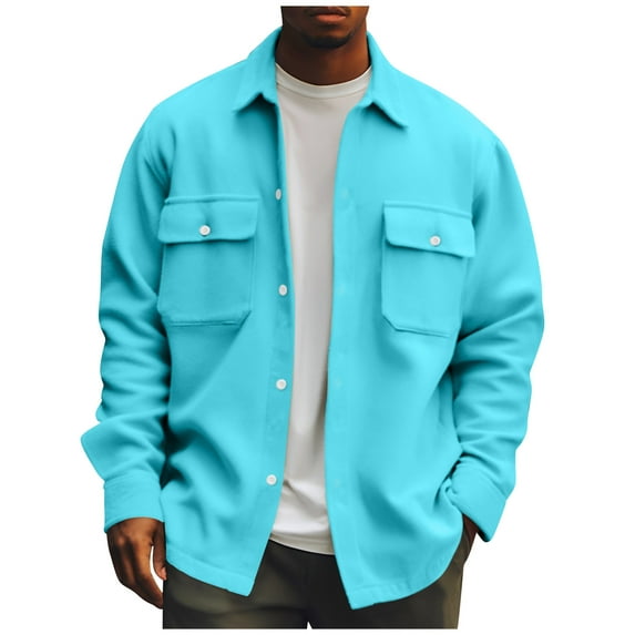 LISTHA Men's Regular Solid Color Corduroy Shirt Jackets For Men Button Coat Autumn Winter Stylish Casual Top Cyan M