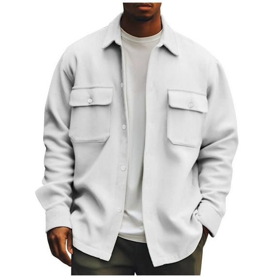 LISTHA Men's Regular Solid Color Corduroy Shirt Jackets For Men Button Coat Autumn Winter Stylish Casual Top White 6XL