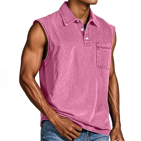 LISTHA Men's Tank Tops Henley Workout Sleeveless Gym Polo Shirt Casual Solid Vintage Tee with Pocket Pink XL