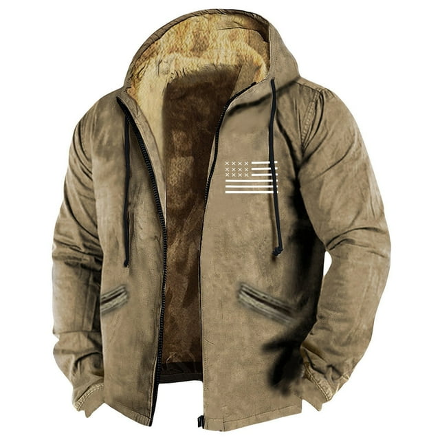 LISTHA Men's Winter Sherpa Lined Hoodie Jacket Flag Print Zip Up Sweatshirt Heavyweight Warm Fleece Coat with Pockets Khaki M