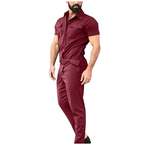 LISTHA Men's Zip Overalls Lapel Jumpsuit Suit Short Sleeve Coverall Summer Romper Casual One-Piece Sets with Pocket Wine M