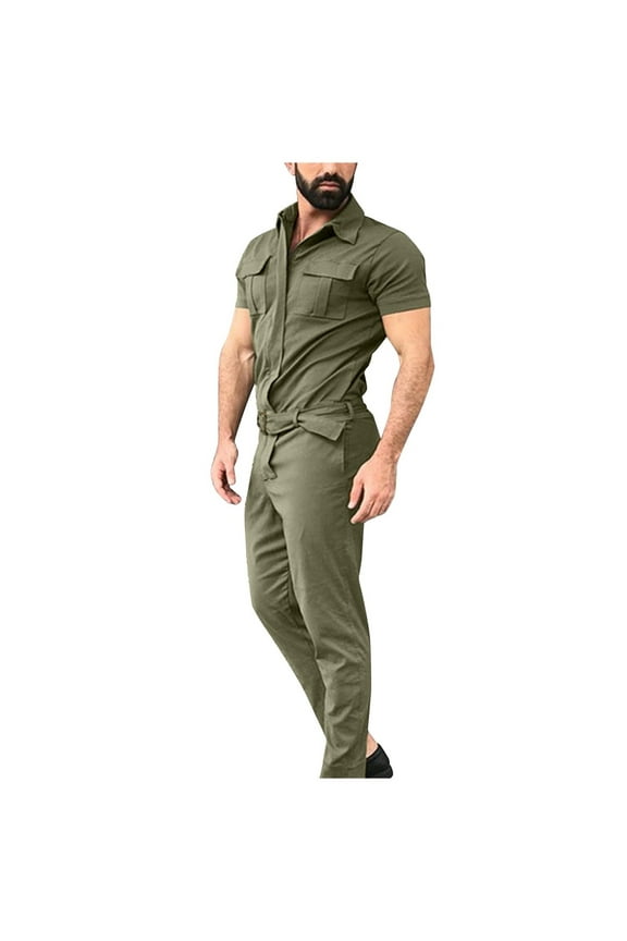 Mens Casual Overalls,Short Sleeve Zip Up Coverall Basic Work Wear Casual Slim Fit Jumpsuit Construction Pants Army Green L