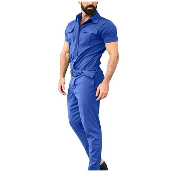 LISTHA Mens Casual Overalls,Short Sleeve Zip Up Coverall Basic Work Wear Casual Slim Fit Jumpsuit Construction Pants Blue 3XL