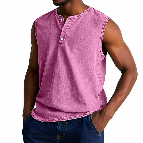 LISTHA Mens Tank Top V Neck Solid Sleeveless Casual T-Shirt 2025 Summer Vintage Distressed Washed Polo Shirt Pink 3XL