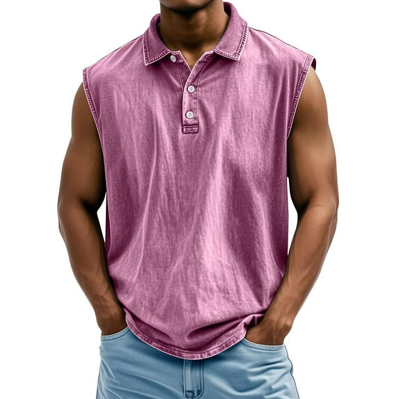LISTHA Mens Tank Tops Summer V Neck Button Gym Sleeveless Distressed Washed Tee Casual 2025 Vintage Workout Polo Shirt Pink 2XL