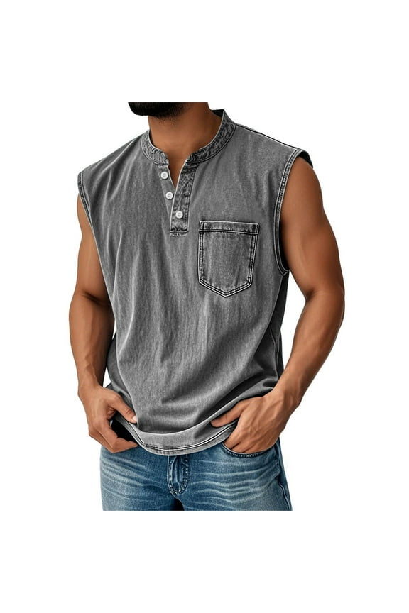 Mens Tank Tops Summer V Neck Summer Sleeveless Vintage Polo Shirt Distressed Washed Workout Casual T-Shirt with Pocket Gray XL