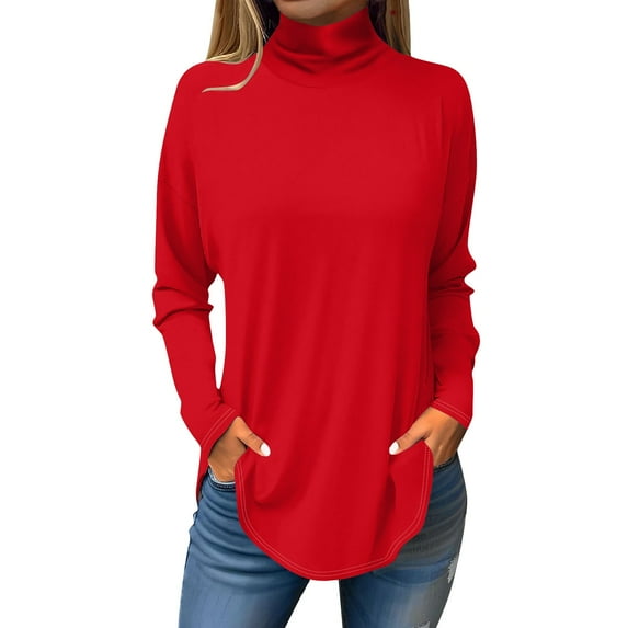LISTHA Mock Turtleneck Tops for Women Long Sleeve Tshirts Fashion Oversized Shirts with Hem Lightweight Basic Top Red M
