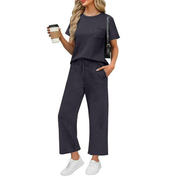LISTHA Outfits for Women 2 Piece Sets Wide Leg Crop Pants Short Sleeve Lounge Sets Vacation Travel Outfits Casual Matching Sets Navy M