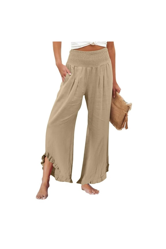 Palazzo Pants for Women Dressy Smocked High Waist Loose Beach Cotton Linen Trousers Wide Leg Summer Ruffle Hem Pants with Pockets Light Brown L