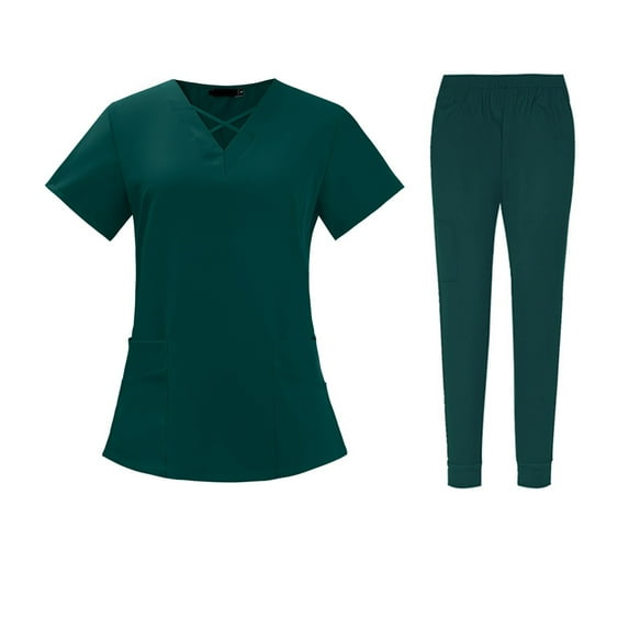 LISTHA Petite Scrubs for Women Sets Nursing V Neck Medical Scrubs Set Uniform Stretch Scrubs Top and Jogger Pants Dark Green M