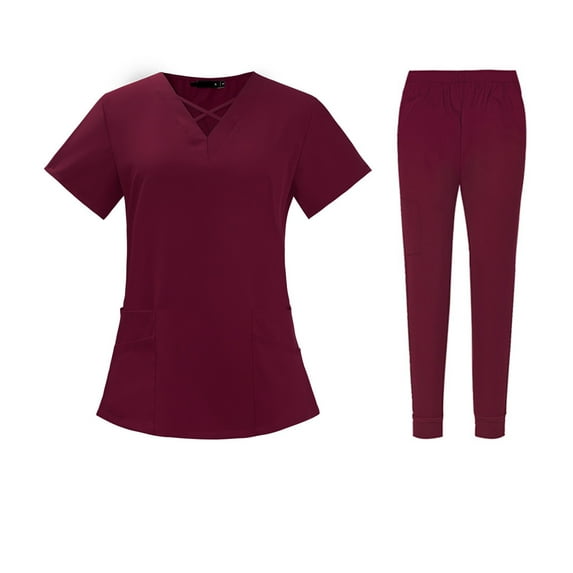 LISTHA Nurse Scrubs for Women Set Uniform V Neck Medical Scrubs Set Nursing Stretch Scrubs Top and Jogger Pants Wine 2XL