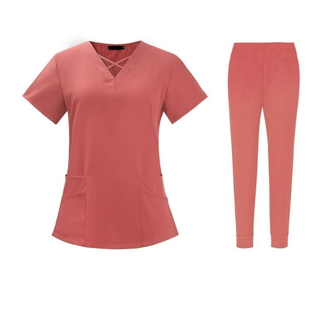 LISTHA Scrubs Sets for Women Medical V Neck Nursing Scrubs Top and Jogger Pants Uniform Stretch Scrubs Set Watermelon Red 2XL