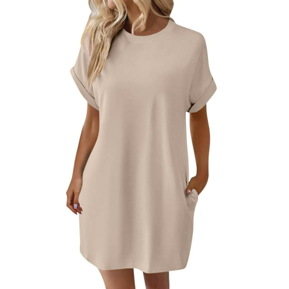 LISTHA Shirt Dresses for Women Solid Color Casual Short Sleeve Summer Dress Crew Neck Loose Mini Dresses Spring T Shirt with Pockets Beige XL