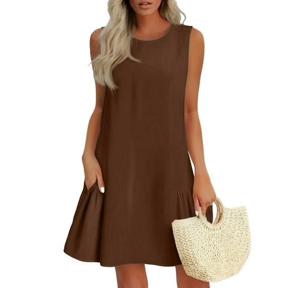 LISTHA Short Sundresses for Women Ruffle Sleeveless Crew Neck Mini Dresses Summer Beach Casual 2025 Tank Dress Brown L