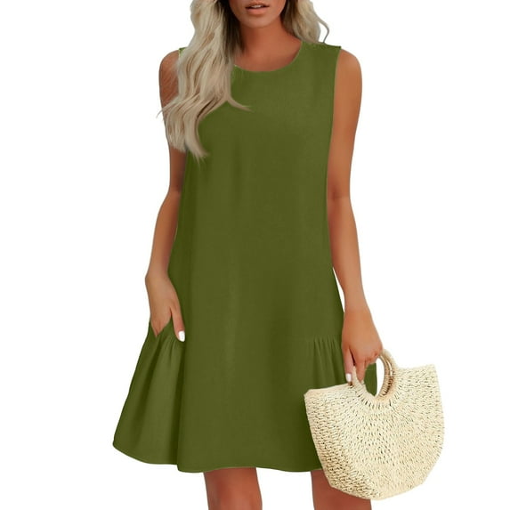 LISTHA Short Sundresses for Women Ruffle Sleeveless Round Neck Mini Dresses Vacation Short Beach Summer Tank Dress Army Green S