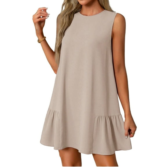 LISTHA Short Sundresses for Women Short Sleeveless Round Neck Mini Dresses Casual Ruffle Beach Vacation Tank Dress Beige 2XL