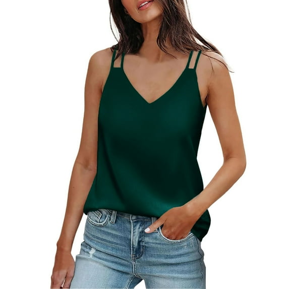 LISTHA Summer Tank Tops for Women Silk Satin V Neck Loose Summer Vest Sleeveless Plus Size Casual Basic Top Dark Green XL