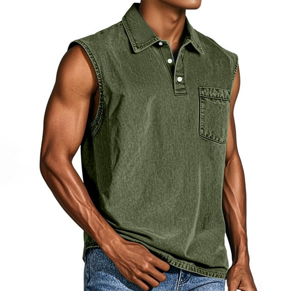 LISTHA Tank Top Men Henley Vintage Sleeveless Casual Tee Solid Gym Distressed Washed Polo Shirt with Pocket Brown L