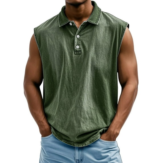 LISTHA Tank Top Men V Neck Button Distressed Washed Sleeveless Summer T-Shirt Vintage 2025 Solid Gym Polo Shirt Army Green M