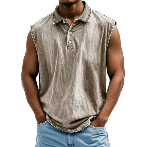 LISTHA Tank Tops Men Casual V Neck Button Workout Sleeveless Vintage Polo Shirt Summer Distressed Washed 2025 Casual Tee Khaki L