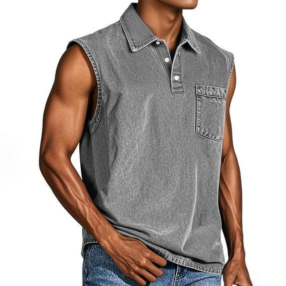 LISTHA Tank Tops Men Casual V Neck Vintage Sleeveless Gym Tee Casual Distressed Washed Summer T-Shirt with Pocket Gray L