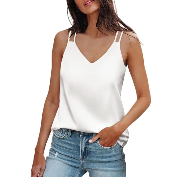 LISTHA Tank Tops Women Silk Satin V Neck Camisole Basic Top Sleeveless Casual Plus Size Summer Vest White XL