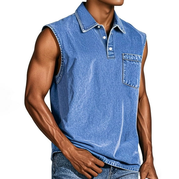 LISTHA Tank Tops for Men Henley Distressed Washed Sleeveless Summer T-Shirt Vintage 2025 Gym Polo Shirt with Pocket Blue M