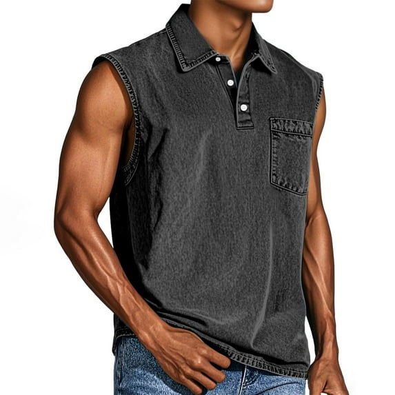 LISTHA Tank Tops for Men V Neck Casual Sleeveless Vintage Polo Shirt Solid Gym Summer Tee with Pocket Black 2XL