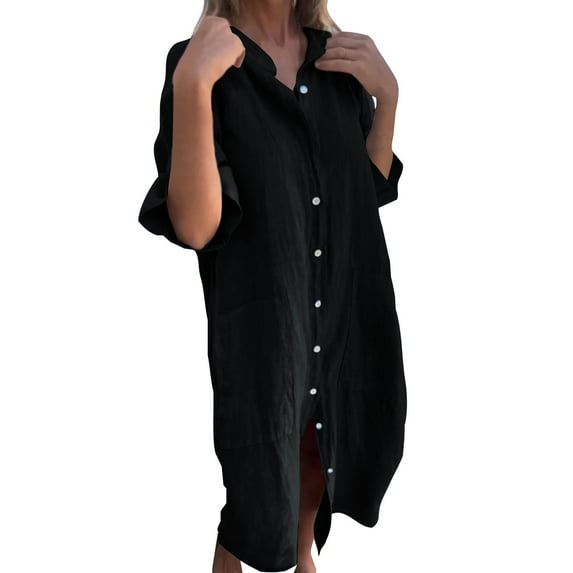 LISTHA Tshirt Dress Women Casual Button Down Short Sleeve Shirt Dresses Dressy Midi Dress Summer Dresses with Pockets Black S