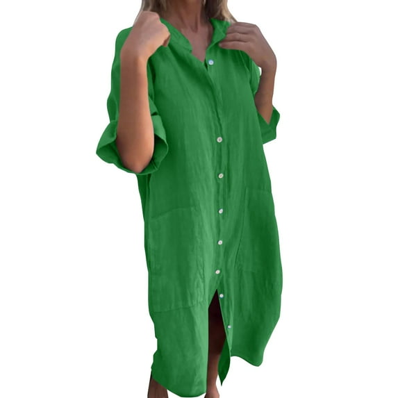 LISTHA Tshirt Dress Women Casual Button Down Short Sleeve Shirt Dresses Dressy Midi Dress Summer Dresses with Pockets Green 2XL