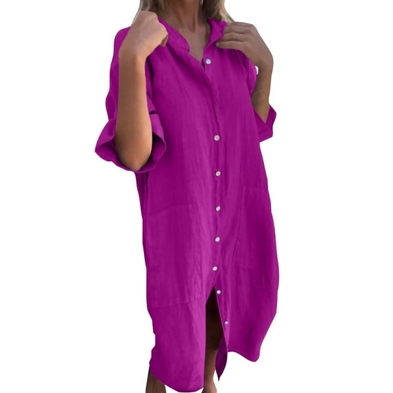 LISTHA Tshirt Dress Women Casual Button Down Short Sleeve Shirt Dresses Dressy Midi Dress Summer Dresses with Pockets Purple L